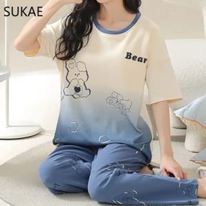 SUKAE 여름 여성 잠옷 세트 플러스 사이즈 M-5XL 코튼 여성 잠옷 반팔 잠옷 잠옷 소녀를위한 한국 Pijamas