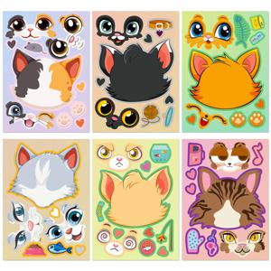6pcs 만화 고양이 머리 얼굴 변경 퍼즐 스티커 만화 동물 얼굴 장난감 얼굴 변경 스티커 만들기 DIY 어린이 장난감