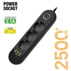 연장 코드가 있는 2500W 고전력 소켓 AC 유형 C USB 포트 충전 전기 소켓 230V 임베디드 플러그인 보드 홈 오피스