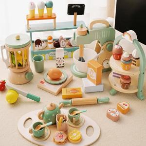나무 척 놀이 세트 높은 차 세트 장난감 주방 Playset 아이스크림 케이크 장난감 소녀 소년 교육 장난감 어린이 선물