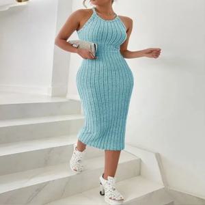 솔리드 홀터넥 넥 Bodycon 미디 드레스 하이 엔드 기질 조끼 홀터 드레스 여성 여름 새로운 하이 웨이스트 슬림 기질 슬림