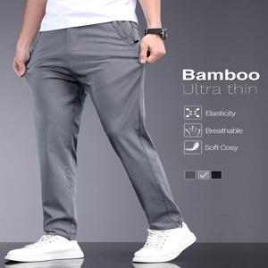 대나무 섬유 직물 여름 남성 캐주얼 바지 패션 얇은 부드러운 통기성 탄성 비즈니스 슬림 스트레이트 바지 블랙 그레이