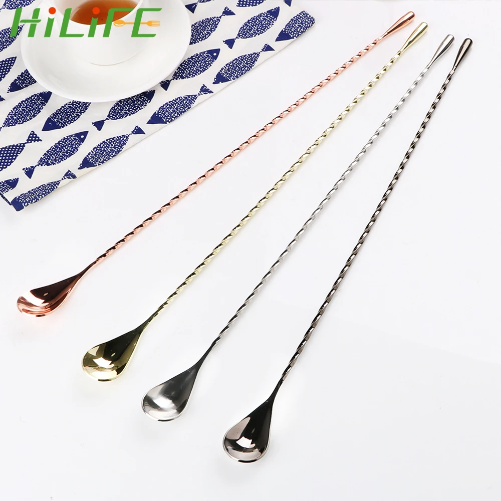 HILIFE 30/40cm 스테인레스 스틸 교반 바 스푼 혼합 온스 칵테일 스푼 나선형 패턴 바텐더 도구 눈물 스푼 바 도구