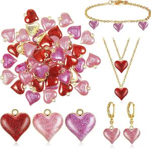 15pcs 하트 모양 펜던트의 매력 핑크 레드 발렌타인 사랑 오일 드립 금속 반짝이 가루 보석 만들기 DIY 팔찌 목걸이