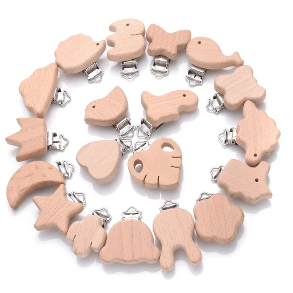 5pcs Woode 젖꼭지 아기 너도밤 나무 나무 동물 젖꼭지 금속 클립 홀더 심장 젖꼭지 체인 Teether 액세서리