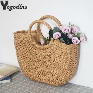 여성을위한 여름 수제 가방 비치 직조 숙녀 밀짚 가방 래핑 된 비치 가방 달 모양의 탑 핸들 핸드백 토트