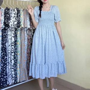 봄 여름 탄성 허리 쉬폰 드레스 여성 캐주얼 드레스 패션 여성 Vestidos 짧은 소매 Pleated a 라인 드레스