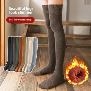 겨울 따뜻한 긴 양말, 하이 튜브, 무릎 길이 양말, 단색, 두꺼운 플러시 레이디 허벅지 높은 스타킹, 신축성, 1 쌍