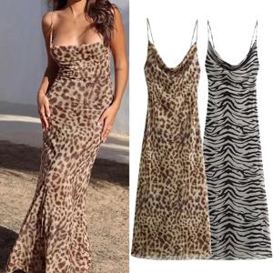 TRAF Leopard Print Tulle 슬립 드레스 여성 Backless 여름 긴 드레스 여성을위한 빈티지 섹시한 파티 드레스 Midi Holiday Dress