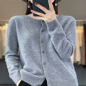 하이 퀄리티 O넥 긴팔 캐시미어 가디건, 100% 메리노 울 스웨터, 기본 우아한 코트, 의류 상의, 가을 용수철