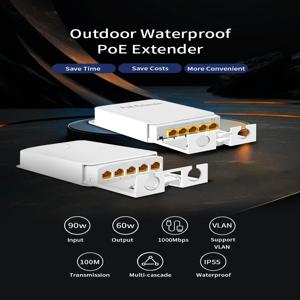Hisource 4 포트 IP55 방수 POE 리피터 100/1000Mbps 1 ~ 3 IP 카메라용 네트워크 스위치 PoE 익스텐더