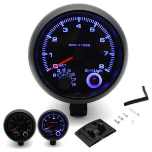 자동차 범용 블랙 타코미터 게이지, 블루 인터 시프트 라이트, 0-8000 RPM 타코미터, 3.75 인치