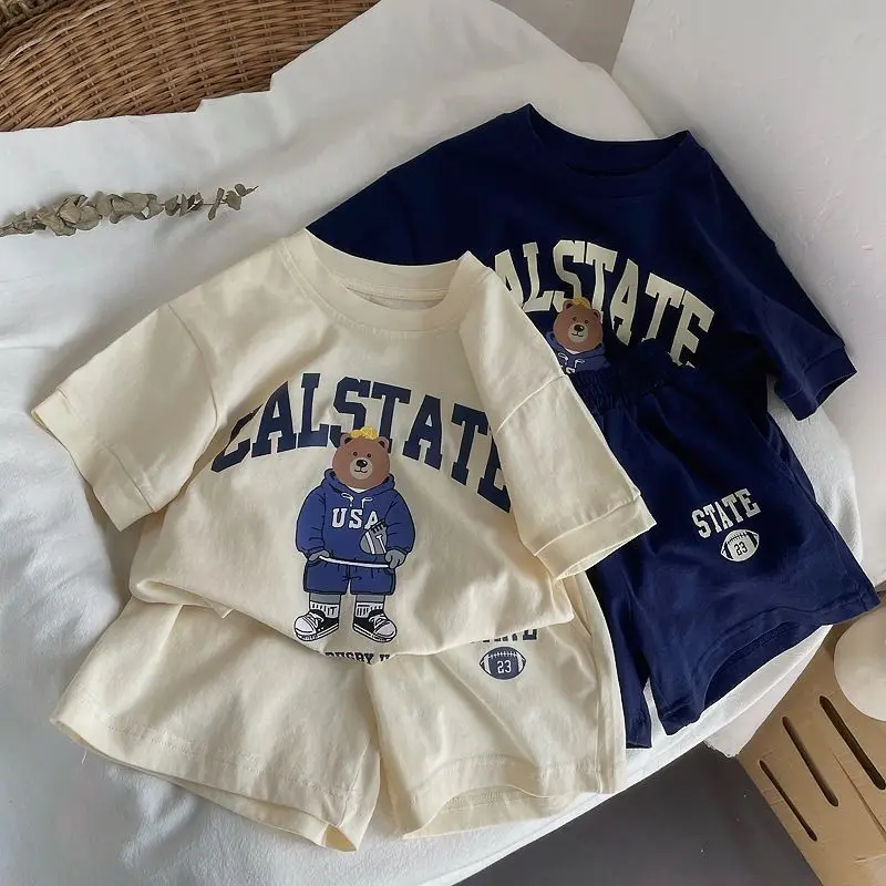 여름 유아 아기 소녀 단단한 면화 짧은 소매 만화 곰 인쇄 티셔츠와 반바지 2pcs 세트 아이 소년 Tracksuits