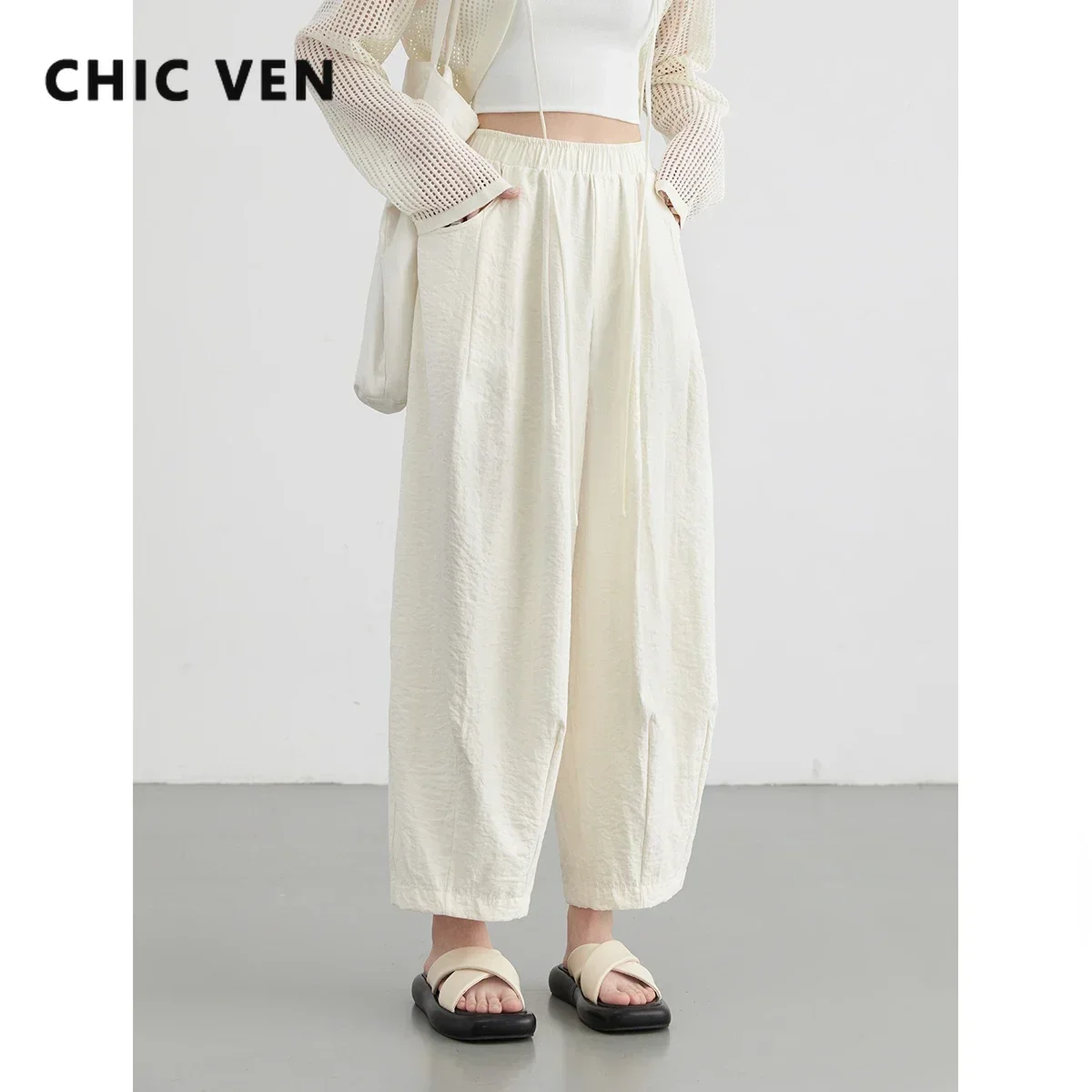 CHIC VEN 여성 흰색 바지 솔리드 캐주얼 탄성 허리 하이 웨이스트 플리츠 와이드 레그 여성 바지 폴드 여름 2025 의류