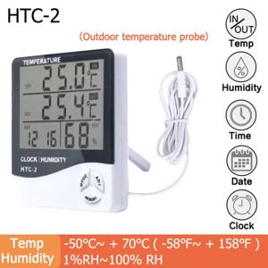 LCD 디지털 온도 습도 계량기 HTC-2 HTC-1, 가정 실내 실외 습도계 온도계 기상 관측소, 시계 포함