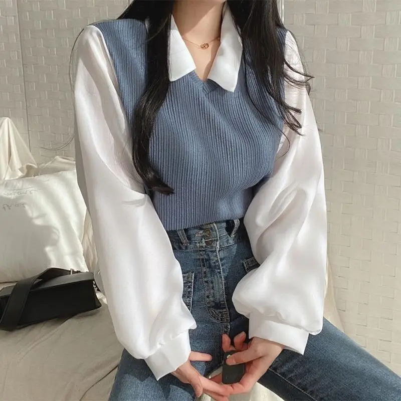 여름 블라우스 여성 한국 스타일 거짓 투피스 폴로 칼라 블라우스 Y2k 탑 streetwear 느슨한 청소년 풀오버 우아한 셔츠
