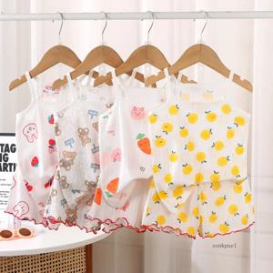 2024 새로운 어린이 탑 + 반바지 세트 여름 얇은 아기 면화 조끼 민소매 Loungewear 세트 여자 정장