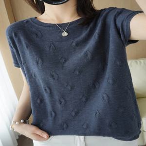 여름 짧은 소매 여성 니트 얇은 스웨터 여성 속이 빈 o-넥 풀오버 탑 숙녀 솔리드 루즈 캐주얼 점퍼