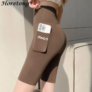 Horetong 여성 스포츠 반바지 포켓 높은 허리 피트니스 캐주얼 streetwear 짧은 바지 여성 꽉 반바지 운동 바지