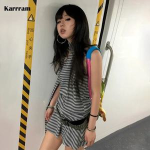 Karrram Y2k 미학 홀터 드레스 일본 2000년대 스타일 그레이 스트라이프 짧은 드레스 빈티지 하라주쿠 백리스 미니 드레스 그런지