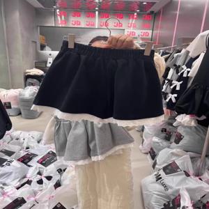레이스 트림 캐주얼 팬츠 여성 슬림 밴딩 허리 루즈 와이드 레그 팬츠 아웃도어웨어 숏 팬츠 하이웨이스트 스트레이트 레그