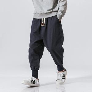 코튼 린넨 하렘 바지 남성 솔리드 탄성 허리 streetwear 조깅 2024 새로운 헐렁한 드롭 가랑이 바지 캐주얼 바지 남성