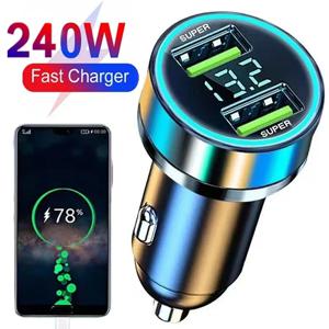 240W 차량용 충전기 아이폰용 고속 충전 2 USB 포트 어댑터 디지털 디스플레이가 있는 삼성 Xiaomi 빠른 충전 충전기