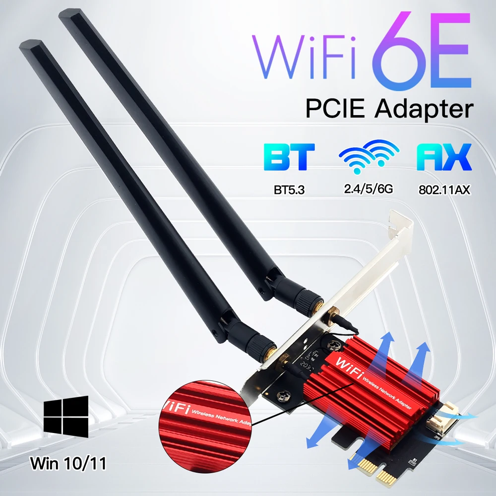 Wifi 6E AX210 PCIE Wifi 어댑터 5400Mbps 무선 이더넷 네트워크 카드 BT 5.3 Win 10 11 용 2.4G/5G/6GHz 듀얼 밴드 802.11AX/AC