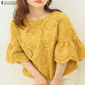 ZANZEA 여성용 3/4 소매 할로우 아웃 블라우스, 우아한 레이스 크로셰 탑, 캐주얼 루즈 자수 셔츠, 작업 블라우스, 여름 패션