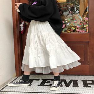 긴 Tulle 미디 스커트 여성 가을 ​​탄성 높은 허리 메쉬 투투 Pleated 스커트 여성 블랙 화이트 롱 스커트 streetwear