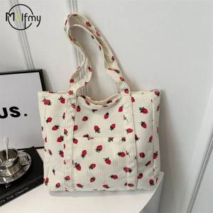 코듀로이 핸드백 딸기 비치 백 세련된 다용도 숄더백 대용량 단순 통근 여성용 토트 백 Bolsos