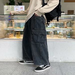 헐렁한 청바지 남성 특대 streetwear 패션 넓은 다리 카고 바지 힙합 하라주쿠 멀티 포켓 데님 바지 블랙 블루