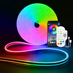 12V/24V EU 플러그 RGB 네온 LED 스트립, 1/2/3/4/5/10/15M 방수 RGB 네온 스트립 블루투스 앱 및 네온 장식 조명용 원격