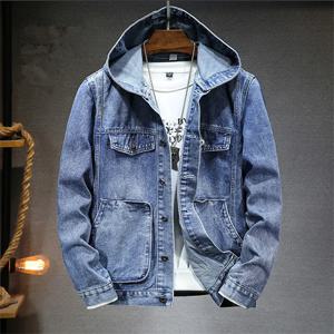 남성용 후드 데님 재킷, 방풍 캐주얼 코트, 대형 포켓 스포츠 데님 재킷, 단색 패션 스트리트웨어, 용수철 가을