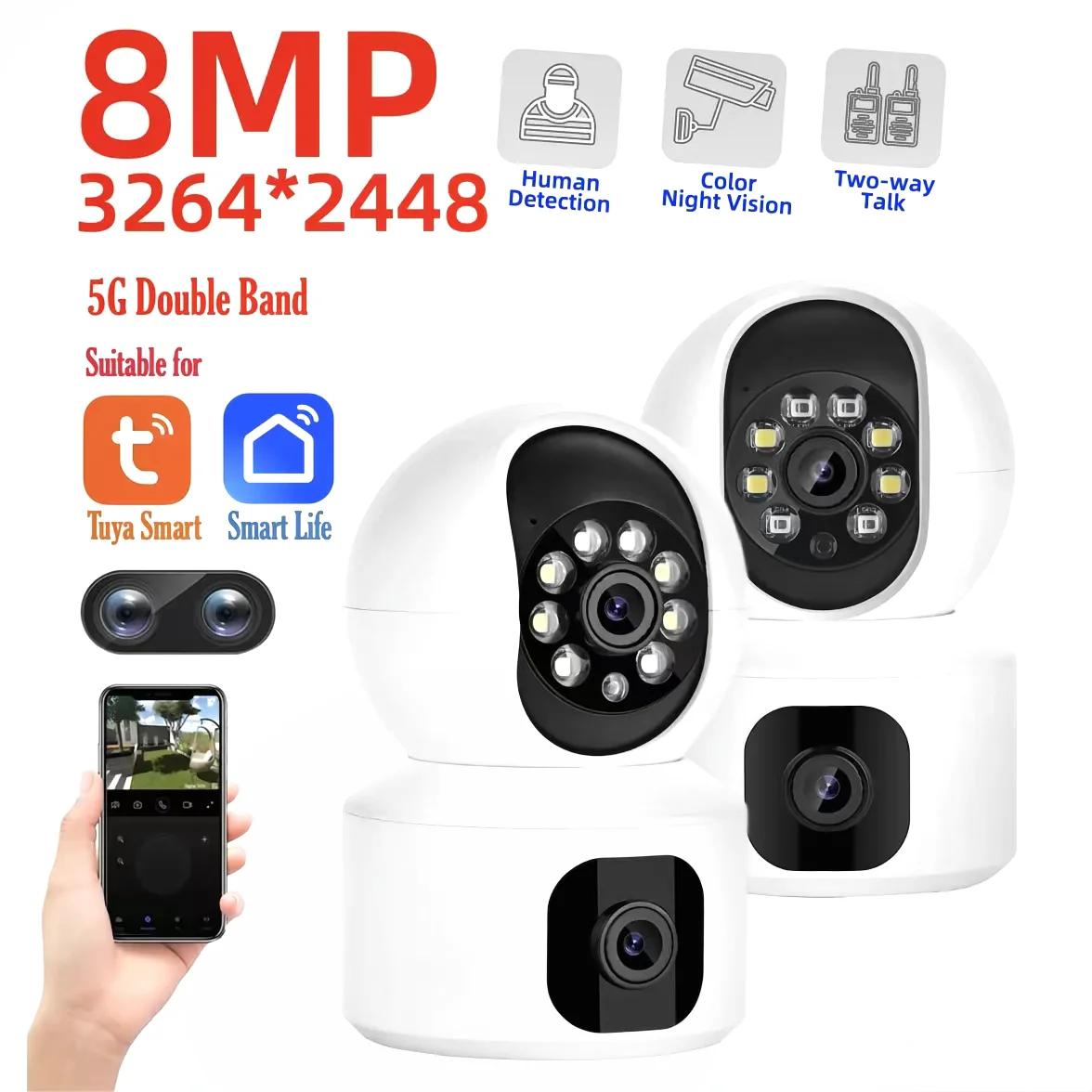 Tuya 8MP WiFi IP 카메라 듀얼 렌즈 베이비 모니터 컬러 나이트 비전 인간 자동 추적 비디오 스마트 홈 감시 카메라