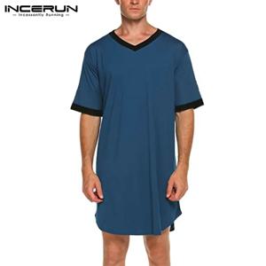 INCERUN 신사복 잠옷 패션 패치 워크 수면 가운 솔리드 잠옷 반소매 목욕 가운 루즈 V 넥 Homewear S-5XL 2022