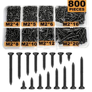 800개 M2 검정색 필립스 셀프 태핑 나사 모음 키트, 잠금 나사 및 나무 나사
