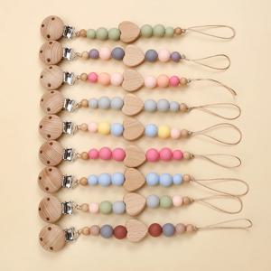 새로운 심장 나무 너도밤 나무 클립 아기 젖꼭지 체인 실리콘 구슬 더미 젖꼭지 홀더 가드 Teether 펜던트 신생아 씹는 장난감 선물