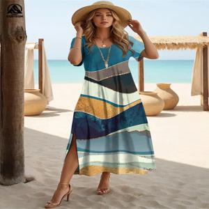 대리석 패치 워크 색상 여름 슬릿 짧은 소매 긴 드레스 v 넥 여성 드레스 느슨한 특대 파티 우아한 의류 2024 새로운