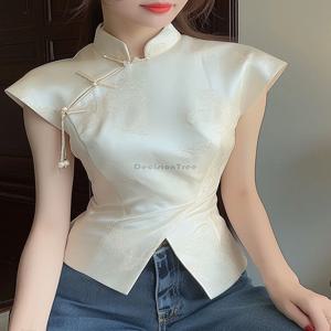 불규칙 qipao 탑, 중국 에스닉 스타일, 단색 자카드 팬 단추 탑, 우아한 레이디 파티 블라우스, 2025 패션 디자인 감각