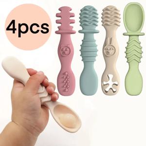 4pcs 실리콘 이유식 스푼, 6 개월 이상 아기를위한 훈련 스푼, 잡기 쉬운 식기, 크리스마스 선물
