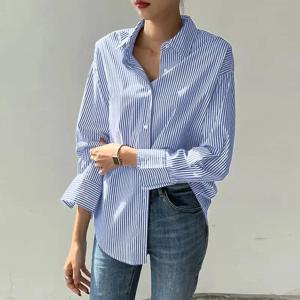 여성 봄 여름 블라우스 셔츠 레이디 패션 캐주얼 긴 소매 턴 다운 블루 스트라이프 블라우스 탑