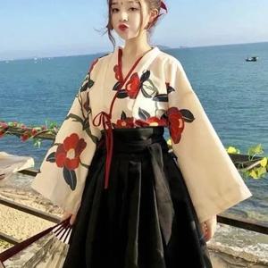 일본식 꽃 프린트 드레스 긴 기모노 스커트 카와이 의류 소녀 파티 가운 세트 빈티지 의상 아시아 코스프레 여성 신규