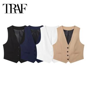 TRAF 2024 블랙 화이트 민소매 조끼 여성 패션 V 넥 자른 조끼 탑 여성 여름 작업복 조끼 버튼 짧은 코트