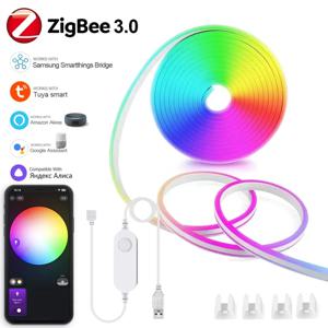 1-5M USB Zigbee 3.0 RGB 네온 LED 스트립 조명 Tuya Zigbee 방수 디밍이 가능한 유연한 테이프 주방 캐비닛 TV 룸 야간 조명