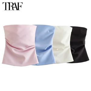 TRAF 오프 숄더 크롭 탑 여성 Ruched Backless 튜브 탑 여성 여름 코르셋 탑 여성 섹시한 탱크 Camis 탑 여성용 2024
