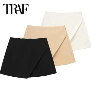 TRAF 블랙 스커트 반바지 여성 하이 웨스트 미니 스커트 반바지 여성 패션 비대칭 Skort 여성용 2024 여름 짧은 스커트