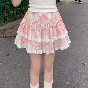 여성 꽃 미니 스커트 카와이 여름 2025 프릴 일본 Y2k 귀여운 소녀 스위트 케이크 폼 스커트 레이어드 짧은 스커트 faldas