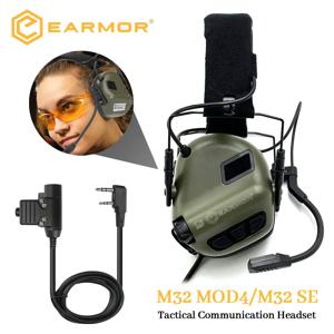 EARMOR M32 전술 헤드셋 소음 방지 헤드폰 Kenwood 용 U94 PTT 어댑터가있는 통신 슈팅 귀마개