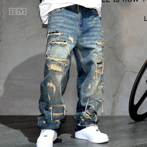 남성 찢어진 헐렁한 청바지 디스트레스드 데님 스트리트웨어 스케이트보드 바지 스트레이트 레그 패치워크 오버사이즈 도시 패션 작업복